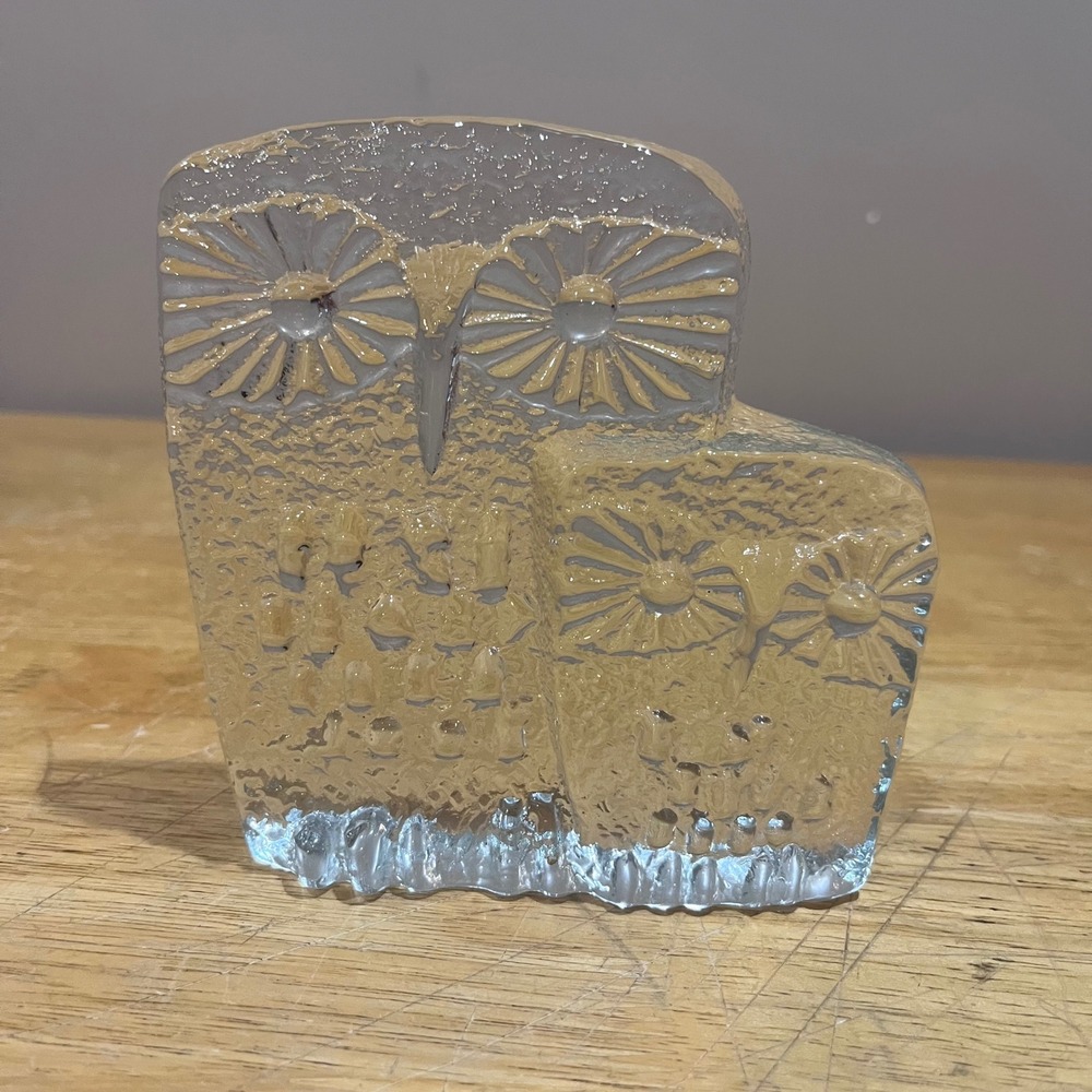 Blenko Don Shepherd DAS Glass Owl Family Figurine‎ Textured Clear Glass MCM